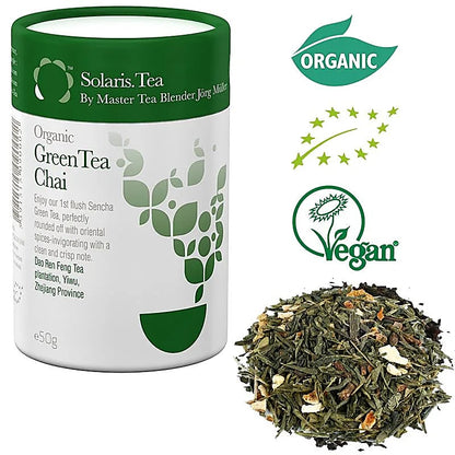 Organic and Vegan green tea, white tea, and herbal tea from Solaris, hand-prepared in Ireland, 6 flavors to choose from, 100-gram box, 75/150 cups (when re-infused). Very good quality!