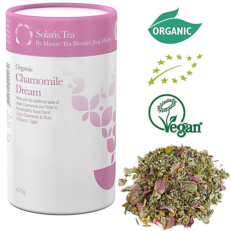Organic and Vegan green tea, white tea, and herbal tea from Solaris, hand-prepared in Ireland, 6 flavors to choose from, 100-gram box, 75/150 cups (when re-infused). Very good quality!