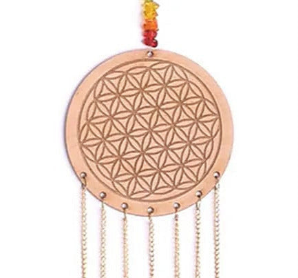 Flower of Life wood chime with 7 chakra beads! 8 centimeters in diameter and 40 centimeters in length - 42 grams. Simple, elegant, and effective!
