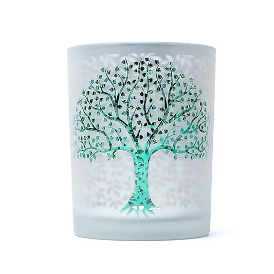 Tealight holder/candle holder, 'frosted' finish with a superb Tree of Life motif, size 10x12.5 cm - 500 grams - Suitable for tea lights and candles up to approximately 4 cm!