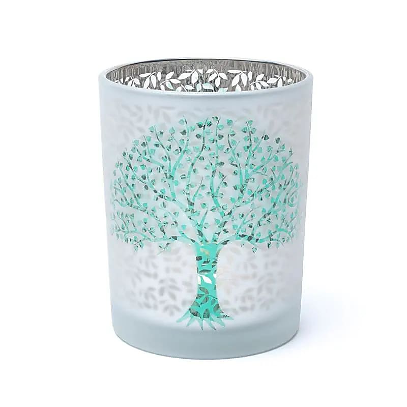 Photophore/ bougeoir, finition 'givré' avec un superbe motif de l'Arbre de Vie, taille de 10x12.5 cm - 500 grammes - Convient aux bougies chauffe plat et jusqu'à 4 cm environ !