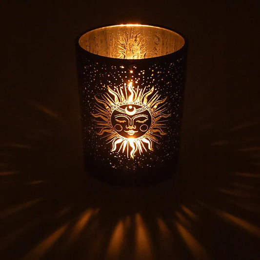 Tealight holder/candle holder, 'frosted' finish with pretty moon and sun motifs, size 10x12.5 cm - 500 grams - Suitable for tea lights and candles up to approximately 4 cm!