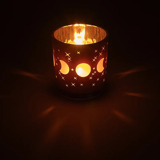 Tealight holder/candle holder, 'frosted' finish with moon phase motif, 2 sizes to choose from: 10x12.5cm and 7.3x8 cm - 170/340 grams - Suitable for tea lights and medium candles!