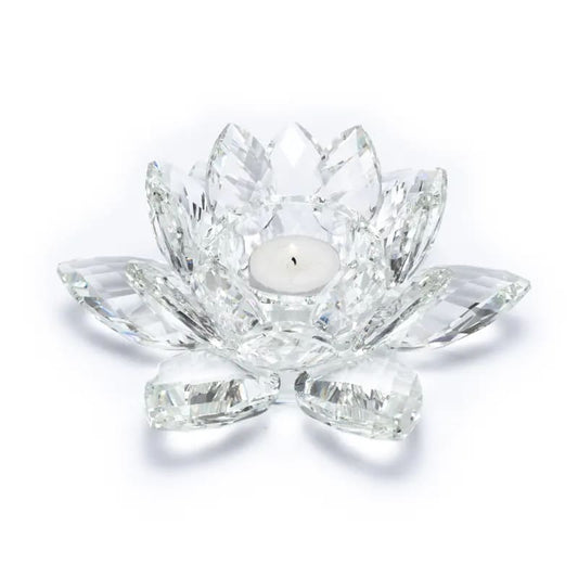 XL lotus-shaped candle holder, made of glass, measuring 9.5x20cm - 1123 grams. Suitable for candles up to 6 cm. The Lotus symbolizes the transformation of darkness into light, from ignorance to clarity!