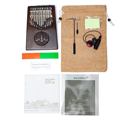 Kalimba/ Hluru or 'finger piano'! 24 notes, made of American walnut wood. Sold with a microphone. Decorated with a carved Tree of Life. Comes with a cloth bag and a tuning hammer!