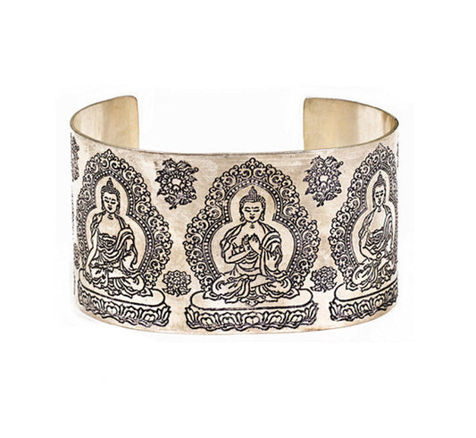 7-centimeter 'Cuff' type shoulder bracelet, made of silver-plated brass, with Buddha or Tara engraving, superb piece!