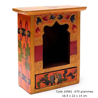 Sélection d'Autel en bois avec tiroir, peint à la main au Népal. 2 modèles au choix : 16.5x22x14 cm ou 36x22x9. Très belle qualité, motifs typiques !