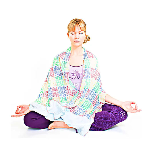 Châle 100% Coton fin  avec impression du 'Gayatri mantra'  - Bords brodés - Motif de lotus. Taille de 210x65 centimètres de longueur - 160 grammes ! Parfait pour la Méditation !