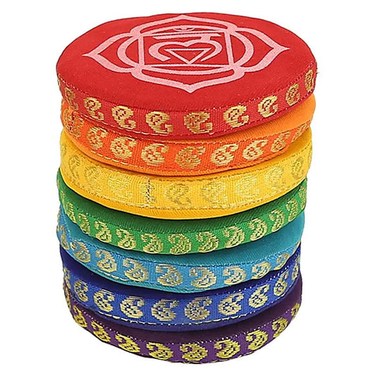 Cushions for singing bowls with a diameter of 9.5 or 14.5 centimeters, weighing 42 to 79 grams. Sold in packs of 7. Made in Nepal, very good quality, perfect for showcasing your singing bowls or sacred objects!