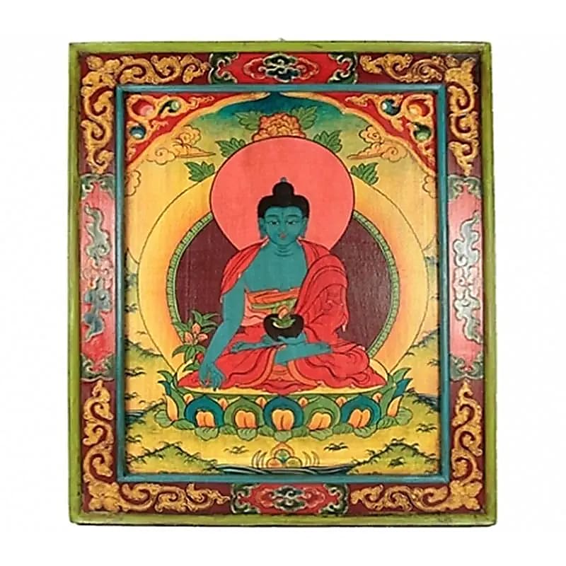 Thangka (sacred wooden panel) of the 'Medicine' Buddha, 66 x 52 centimeters, incredible design in a pine wood frame, carefully hand-painted in beautiful shimmering colors!