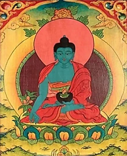 Thangka (sacred wooden panel) of the 'Medicine' Buddha, 66 x 52 centimeters, incredible design in a pine wood frame, carefully hand-painted in beautiful shimmering colors!