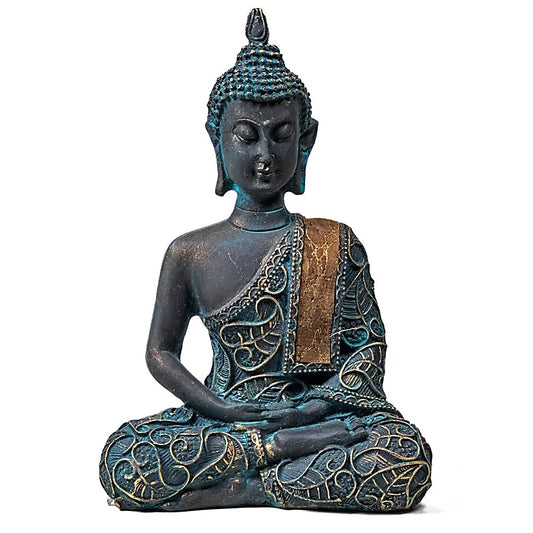 'Colorful and dressed' Buddha measuring 9 x 5 x 14 cm. Very fine details of the textile and cork (wood) dressing. Sacred Buddhist deity! Very good quality, perfect in a meditation room, altar, collection...! 