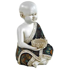 'Moinillon' candle holder, 2 models: For 1 or 2 candles. The Buddha is 'colored and dressed', 18.5 and 22 cm high. Very fine details of the textile and cork (wood!) dressing!
