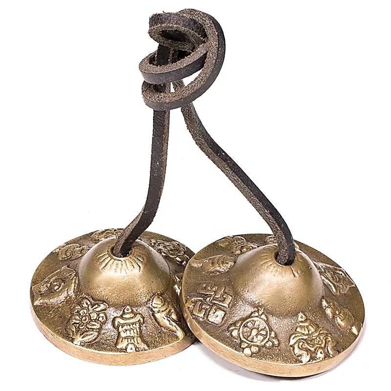 Tibetan Cymbal (Tingsha/ Ding-Sha's), with Buddhist auspicious symbols engraved, 3 sizes to choose from from 5.5 to 7.5 cm! Used as musical offerings in spiritual practices and meditation!
