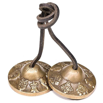 Tibetan Cymbal (Tingsha/ Ding-Sha's), with Buddhist auspicious symbols engraved, 3 sizes to choose from from 5.5 to 7.5 cm! Used as musical offerings in spiritual practices and meditation!