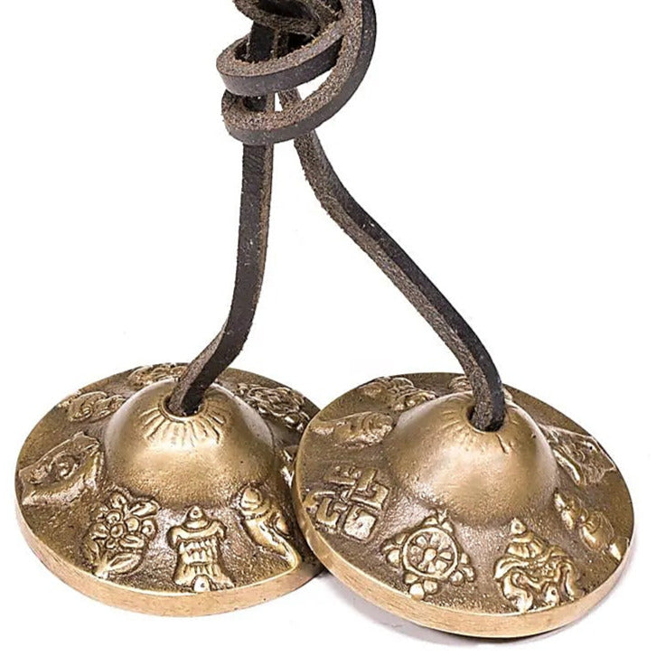 Tibetan Cymbal (Tingsha/ Ding-Sha's), with Buddhist auspicious symbols engraved, 3 sizes to choose from from 5.5 to 7.5 cm! Used as musical offerings in spiritual practices and meditation!