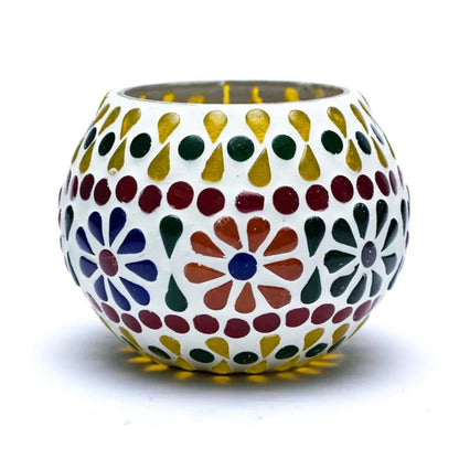 Glass mosaic candle holder with floral motifs. Size: 7 cm - Weight: ±295 grams! Sold individually or in pairs!