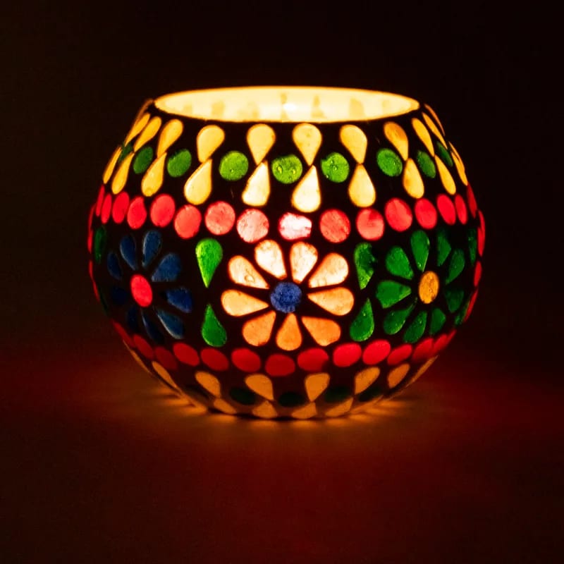 Glass mosaic candle holder with floral motifs. Size: 7 cm - Weight: ±295 grams! Sold individually or in pairs!