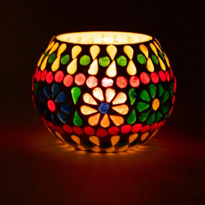 Glass mosaic candle holder with floral motifs. Size: 7 cm - Weight: ±295 grams! Sold individually or in pairs!