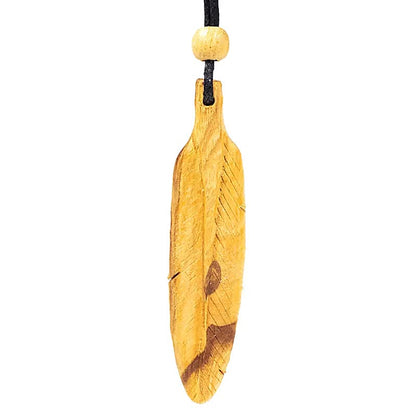 Palo Santo, pendentif en forme de plume de 6 ou 8 cm, sur cordon de longueur (min / max): 38 -70cm. De source responsable, fabriqué à la main, dans le souci du bien-être des artisans et de la nature.