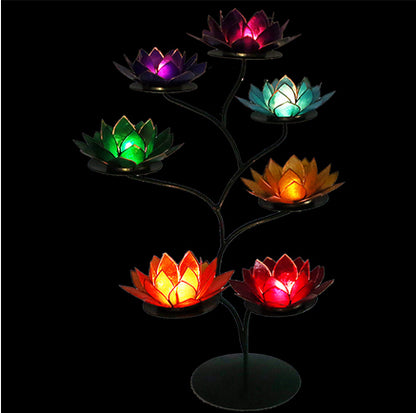 Metal stands measuring 32 centimeters in diameter and 42 centimeters in height. 2 colors to choose from, 'green' or 'gold', with or without 7 candlesticks/7 chakras. Very beautiful set, perfect!