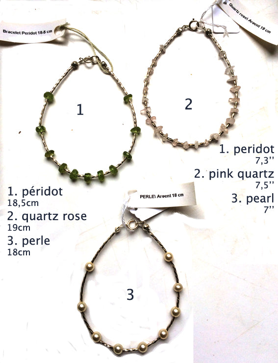 Collection de bracelets 'Argent & Pierre' - Perles de pierres et tubes torsadés en Argent, 18 cm de long. 'Fait main' par Gem & Zen !