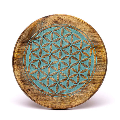 Table d'appoint/ Autel en bois de Manguier avec motif de la 'fleur de vie' de couleur bleue, 30X30X31 cm/ 1665 grammes. Assemblage facile avec les pieds à visser.
