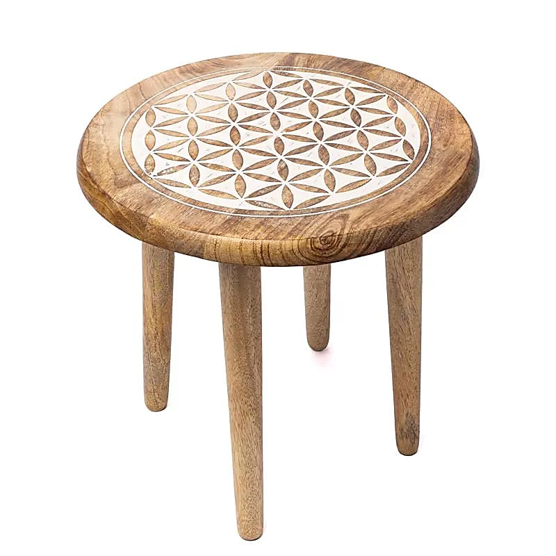 Table d'appoint/ Autel en bois de Manguier avec motif de la 'fleur de vie', 30X30X31 cm/ 1665 grammes. Assemblage facile avec les pieds à visser.