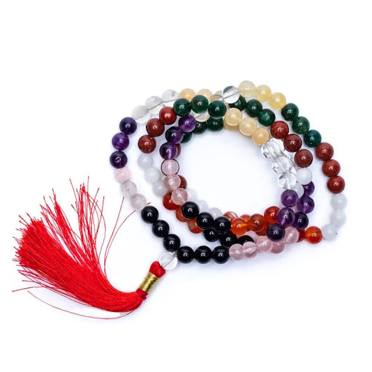 Mala '9 planètes', de 108 perles de 7 millimètres. Taille de 75 centimètres de longueur environ. Qualité AA à AAA, superbe pièce avec pochette de rangement offerte. Fait en Inde !