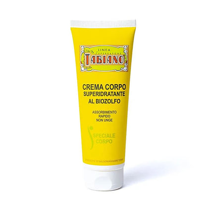 A selection from 'Tabiano': shampoo, gel, cream, and more, ranging from 75 to 250 milliliters. These products are particularly suited to all skin problems (face, feet, and legs) thanks to their composition with Bio-Sulfur!