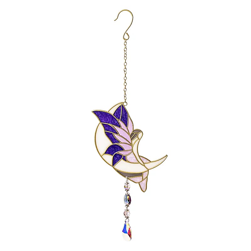 Suspension décorative pour fenêtre avec 'une fée sur la lune', couleur violette, 38 x 10 cm - 60 gr. / Superbes effets quand la lumière traverse le verre !