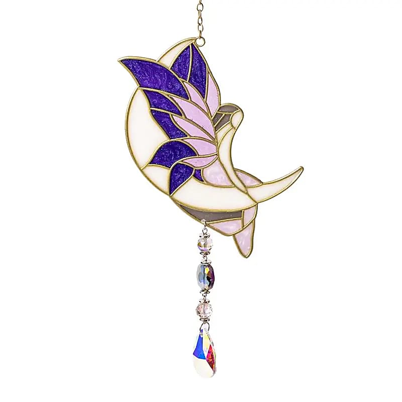 Suspension décorative pour fenêtre avec 'une fée sur la lune', couleur violette, 38 x 10 cm - 60 gr. / Superbes effets quand la lumière traverse le verre !
