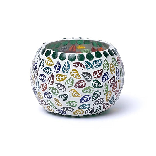 Mosaic-style colored glass candle holder with leaf motifs. Size 9 cm - Weight ±210 grams! Sold individually or in pairs!