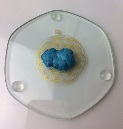 Energyplate (sous-verre et dessous de plat) de chez 'natur design', de 9 ou 22 centimètres. Avec gravure de la fleur de vie en Or 23,8 carats. Verre sans plomb ni métaux lourd !