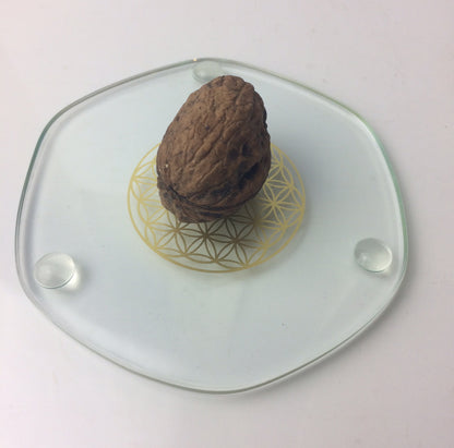 Energyplate (sous-verre et dessous de plat) de chez 'natur design', de 9 ou 22 centimètres. Avec gravure de la fleur de vie en Or 23,8 carats. Verre sans plomb ni métaux lourd !