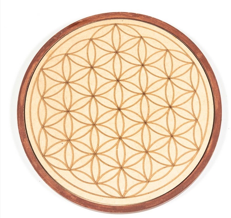 Cadran/ Plateau avec fleur de vie de 17 cm, avec cristal de roche, quartz rose, emeraude, grenat et jade... kit parfait pour appeler à l'amour ! kit vendu complet