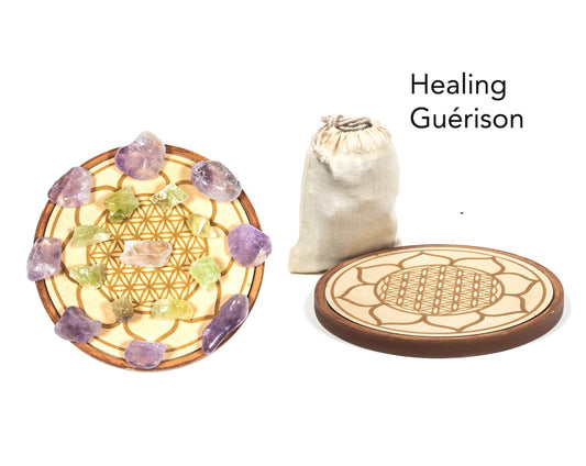 17 cm Flower of Life Dial/Tray, with amethyst and green calcite, perfect kit to call for well-being, to strengthen your vital force! Kit sold complete