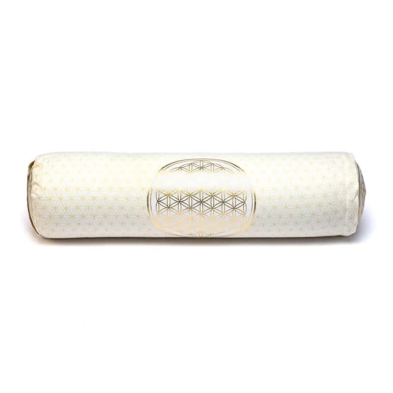 Set Tapis avec ou sans coussin/ bolster et demi-lune, ensemble de méditation et de yoga, couleur blanc/doré, avec motif de la fleur de vie, en coton biologique (OCS). Fait en Inde par Yogi & Yogini