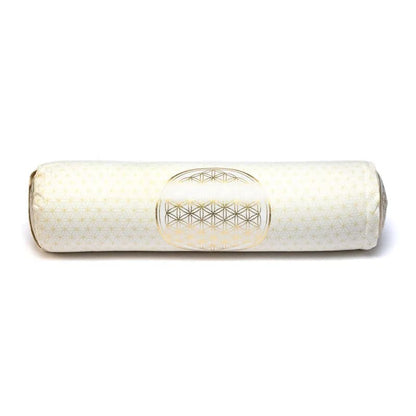 Set Tapis avec ou sans coussin/ bolster et demi-lune, ensemble de méditation et de yoga, couleur blanc/doré, avec motif de la fleur de vie, en coton biologique (OCS). Fait en Inde par Yogi & Yogini