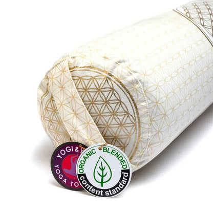 Set Tapis avec ou sans coussin/ bolster et demi-lune, ensemble de méditation et de yoga, couleur blanc/doré, avec motif de la fleur de vie, en coton biologique (OCS). Fait en Inde par Yogi & Yogini