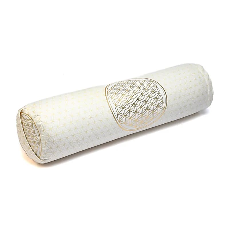 Set Tapis avec ou sans coussin/ bolster et demi-lune, ensemble de méditation et de yoga, couleur blanc/doré, avec motif de la fleur de vie, en coton biologique (OCS). Fait en Inde par Yogi & Yogini