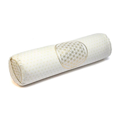 Set Tapis avec ou sans coussin/ bolster et demi-lune, ensemble de méditation et de yoga, couleur blanc/doré, avec motif de la fleur de vie, en coton biologique (OCS). Fait en Inde par Yogi & Yogini
