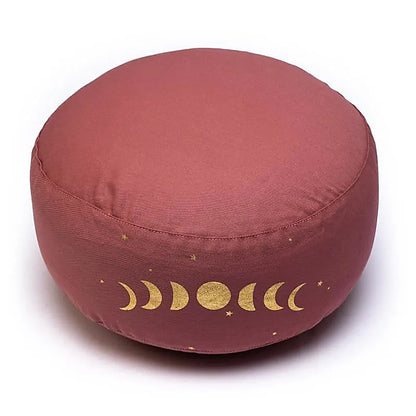 Coussin de Méditation/ Yoga avec les motifs de 'phases lunaires' vendu seul ou avec tapis en mousse pour Méditation. taille 33 centimètres de diamètre x 17 centimètres de hauteur. 2300 grammes. De chez Yogi & Yogini, fait en Inde !
