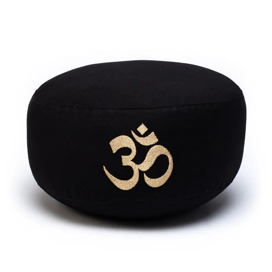 Meditation/Yoga cushion with 'Om' design, black, 33 centimeters in diameter x 17 centimeters in height. 2100 grams. From Yogi &amp; Yogini, made in India!