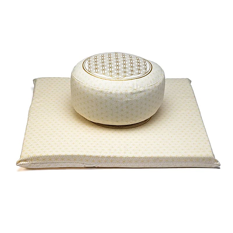 Coussin de méditation et de yoga, de 38x28x13cm, avec motif de la fleur de vie, en coton biologique (OCS). Fait en Inde par Yogi & Yogini ! Coussin vendu seul ou avec tapis de Méditation !