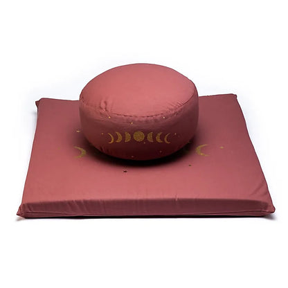 Coussin de Méditation/ Yoga avec les motifs de 'phases lunaires' vendu seul ou avec tapis en mousse pour Méditation. taille 33 centimètres de diamètre x 17 centimètres de hauteur. 2300 grammes. De chez Yogi & Yogini, fait en Inde !