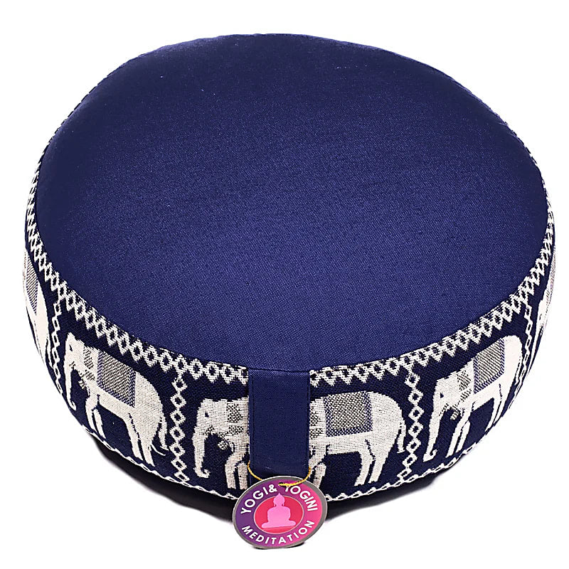 Coussin de Méditation ou de Yoga avec motif 'éléphant'. Taille 33 centimètres de diamètre x 13 centimètres de hauteur. 2300 grammes. De chez Yogi & Yogini, fait en Inde !