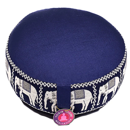 Coussin de Méditation ou de Yoga avec motif 'éléphant'. Taille 33 centimètres de diamètre x 13 centimètres de hauteur. 2300 grammes. De chez Yogi & Yogini, fait en Inde !