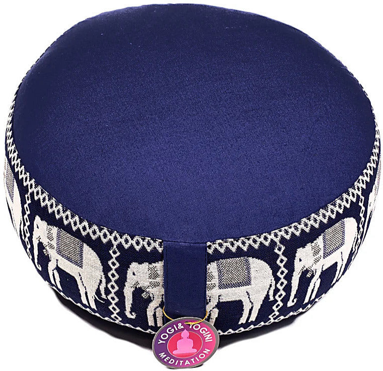 Coussin de Méditation ou de Yoga avec motif 'éléphant'. Taille 33 centimètres de diamètre x 13 centimètres de hauteur. 2300 grammes. De chez Yogi & Yogini, fait en Inde !