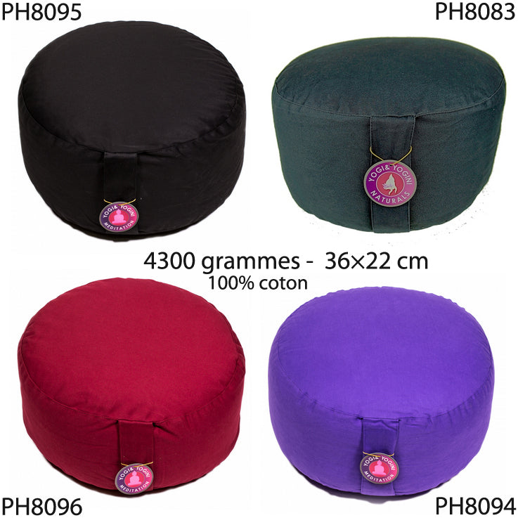 Coussins XL de Yoga ou Méditation, modèles au choix de : 33 cm de diamètre x 22 de hauteur. Housses extérieures en coton, aux couleurs variés, avec housses intérieures remplis de graines de Sarrasin !